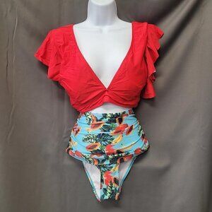 Sportlike Women's High Waisted, Push Up 2 Piece Bikini, Red/Tropical, Size Large